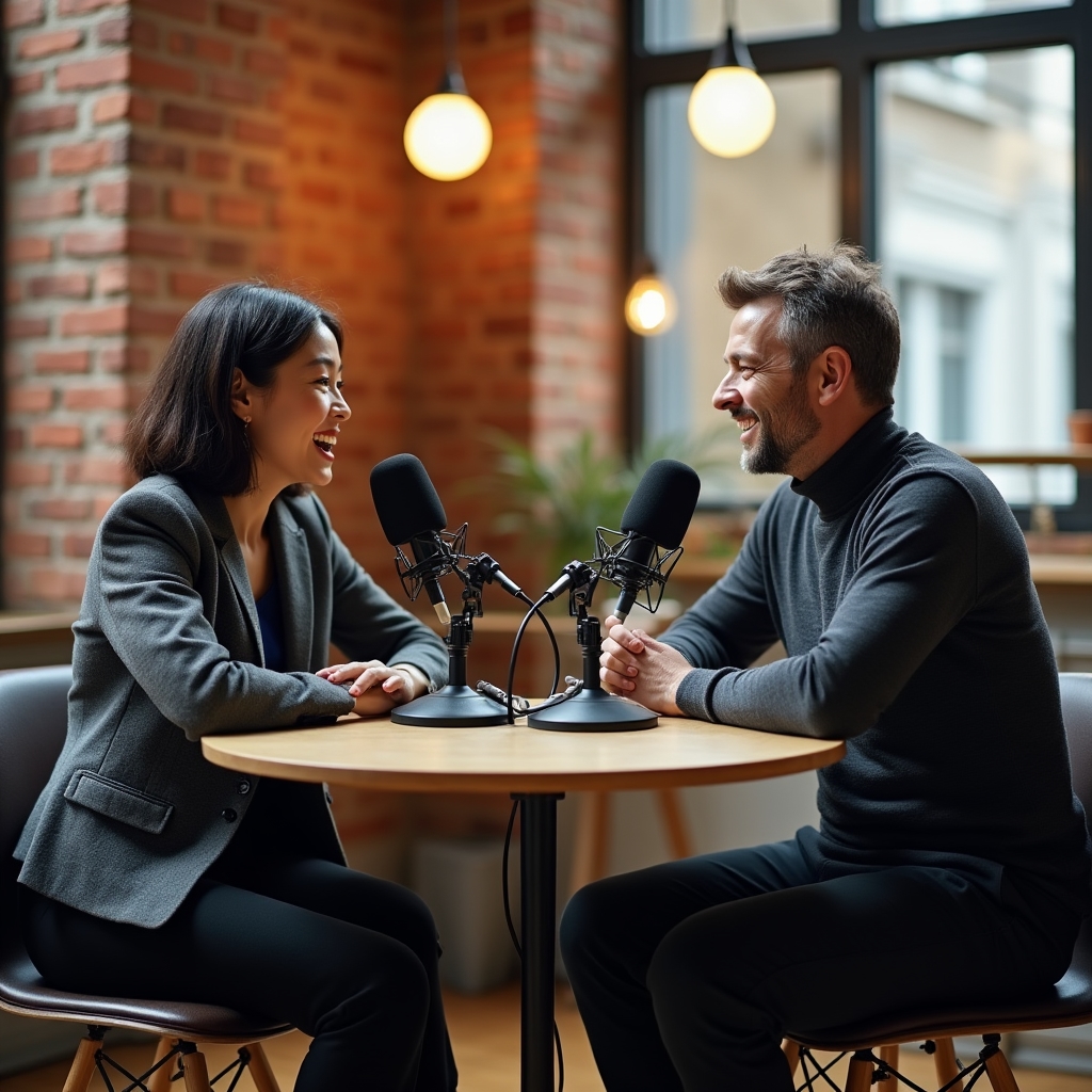 Two people conducting a podcast interview at a table with microphones and recording equipment