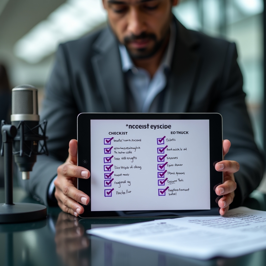 Creator going through an SEO checklist on a tablet with podcast episodes listed on screen