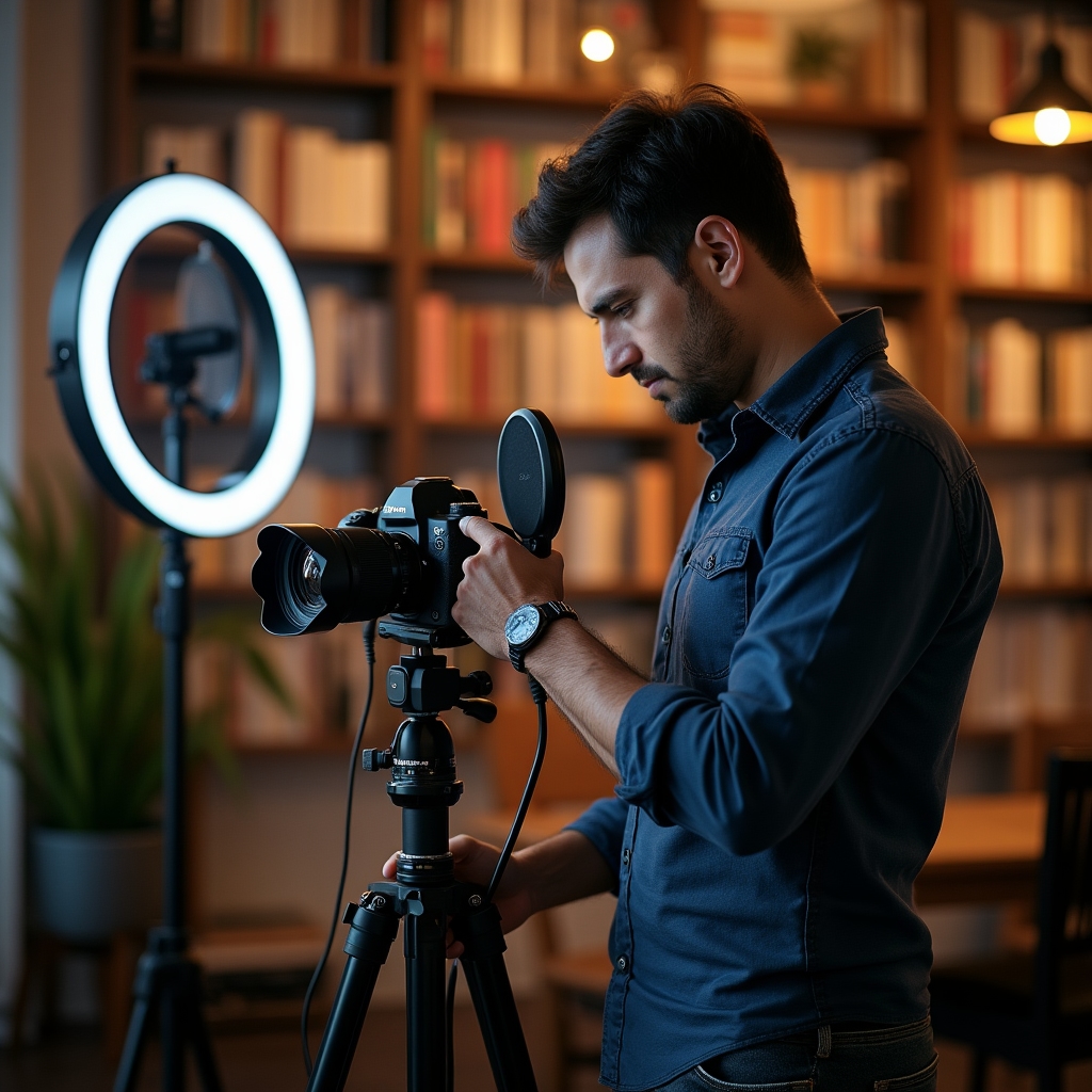 Video creator setting up camera equipment in a home studio with ring light and recording equipment